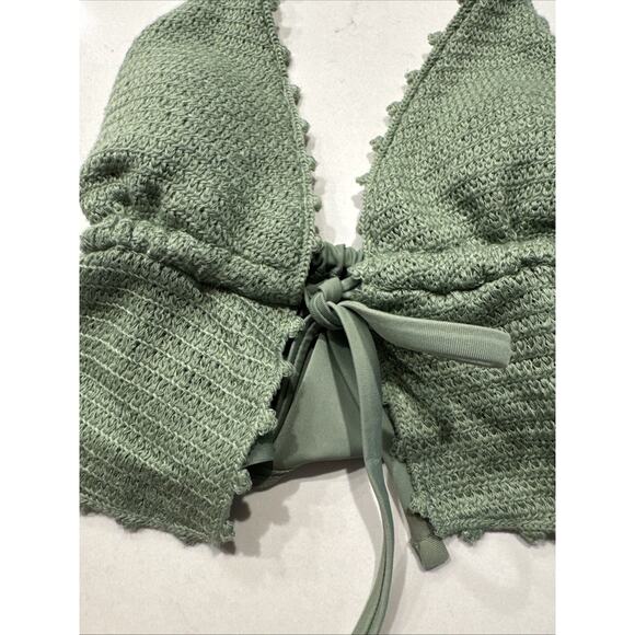 Wild Fable Green Crochet Bikini Top Women’s Size XXS Tie Front Longline Halter - Picture 3 of 6